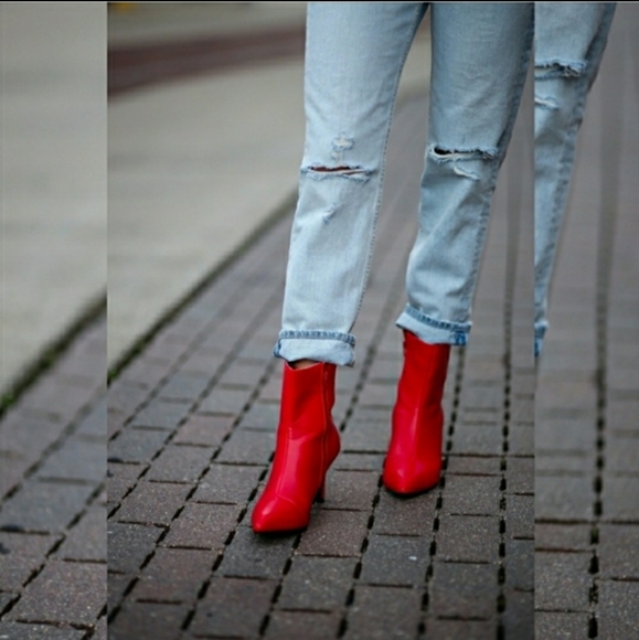 Red Trendy Ankle Boots Pointy Toe Studded Bootie - Picture 2 of 10